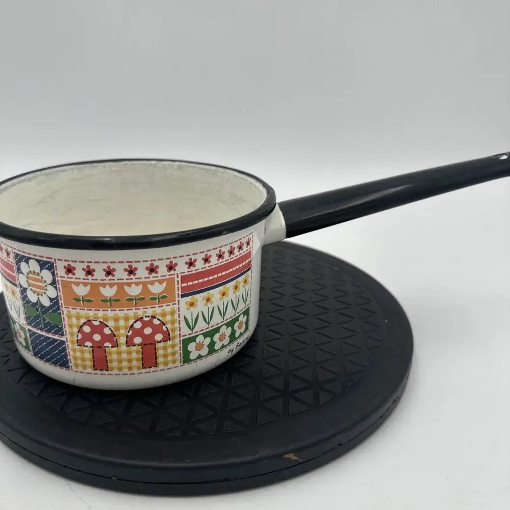 Rare Vintage By Savory Mushroom Floral Enamel Metal Pot Set